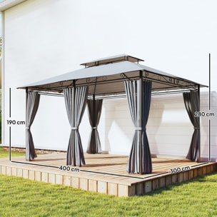 Cenador para Jardín 3x4 m, Pabellón de Jardín, Gazebo con Doble Techo, 6 Paredes Laterales, Estructura Metálica, Drenaje, Carpa para Exterior, Terraza, Patio, Gris Oscuro