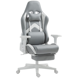 Silla Gaming Silla Gamer Reclinable con Altura Ajustable Reposapiés Retráctil Soporte Lumbar y Reposacabezas Desmontable Silla para Oficina Estudio Gris Claro y Blanco