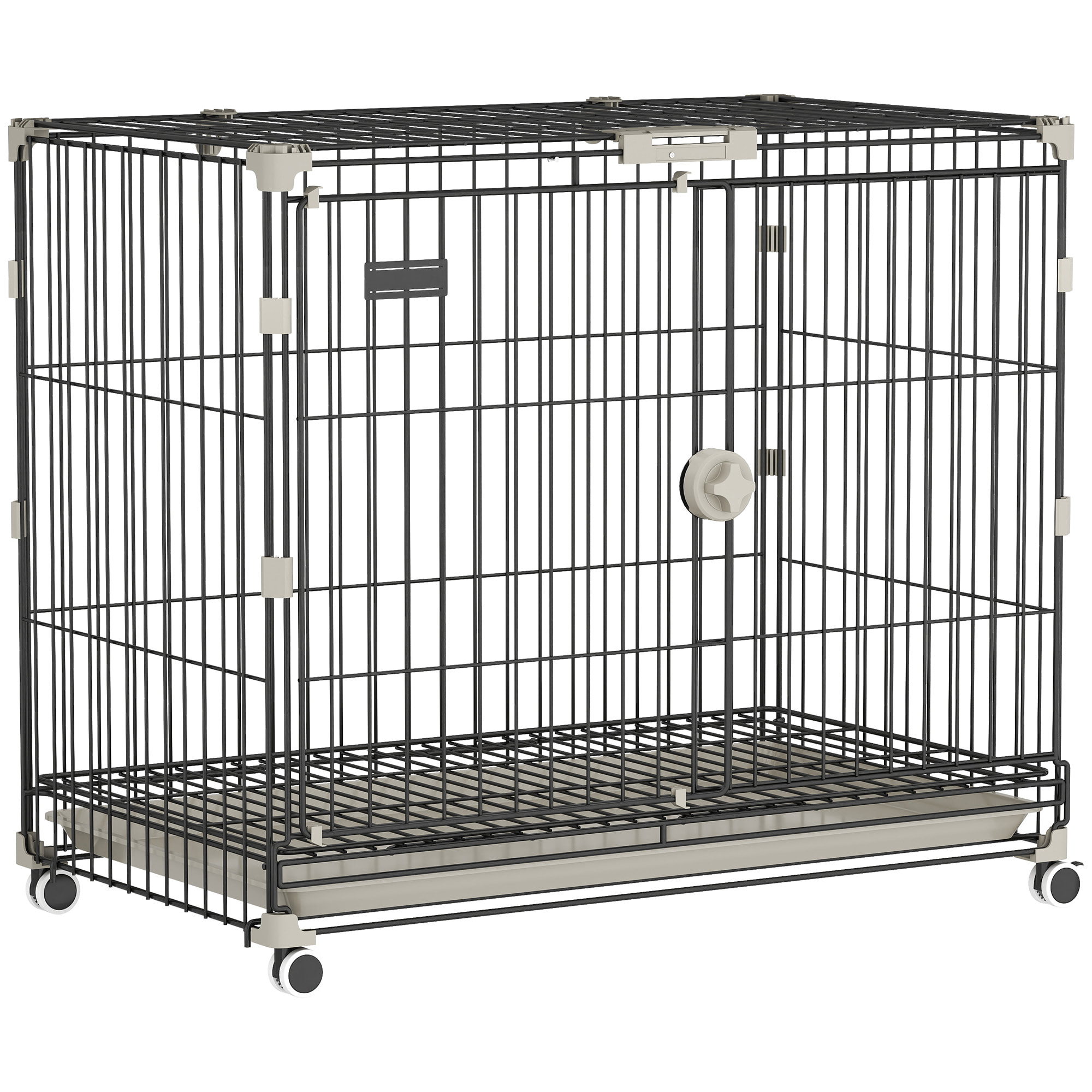 Cage pour Chien Pliable, Plateau Amovible, Roues avec Freins, Toit Ouvrant Verrouillable, Porte de Nourrissage, Niche Chien Interieur pour Petits et Moyens Chiens, 75,5x46x64,5cm, Noir