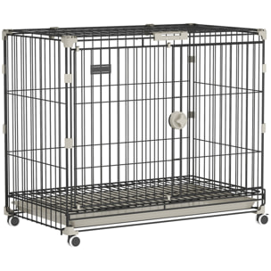Cage pour Chien Pliable, Plateau Amovible, Roues avec Freins, Toit Ouvrant Verrouillable, Porte de Nourrissage, Niche Chien Interieur pour Petits et Moyens Chiens, 75,5x46x64,5cm, Noir