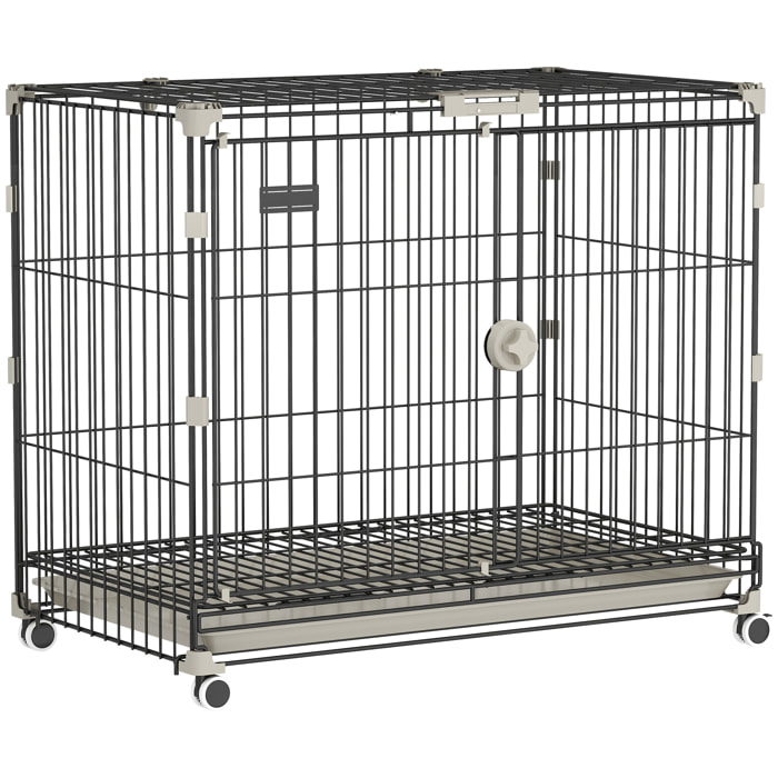 Cage pour Chien Pliable, Plateau Amovible, Roues avec Freins, Toit Ouvrant Verrouillable, Porte de Nourrissage, Niche Chien Interieur pour Petits et Moyens Chiens, 75,5x46x64,5cm, Noir