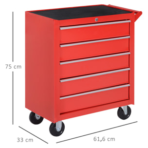 Caja Taller Carro de Herramientas con Ruedas Cerradura tipo Mueble de Almacenamiento para Taller Garaje y Hogar Chapa de Acero 69x33x75 cm Rojo