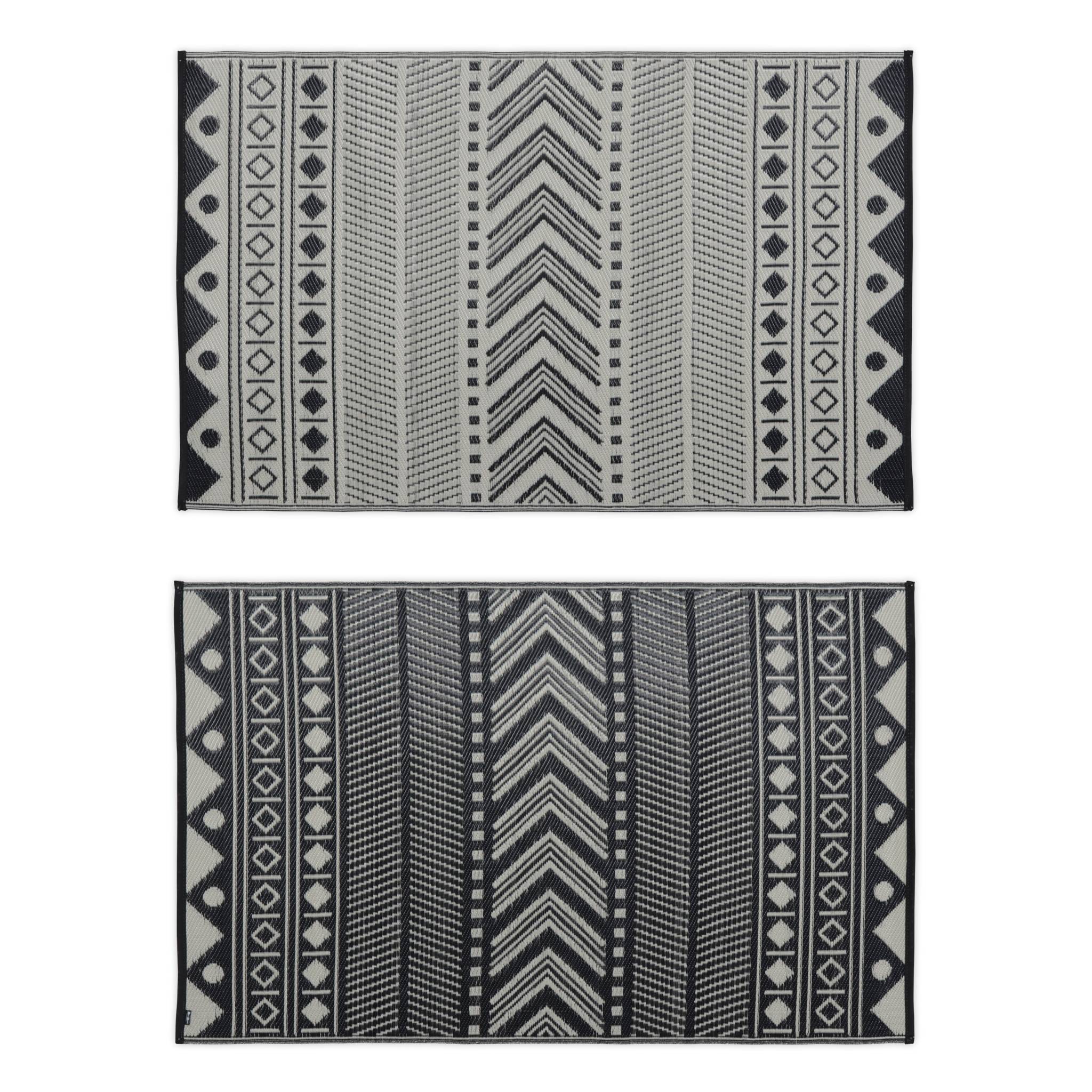 Tapis d’extérieur 120x180cm BAMAKO - Rectangulaire. motif ethnique noir / beige. jacquard. réversible. indoor / outdoor