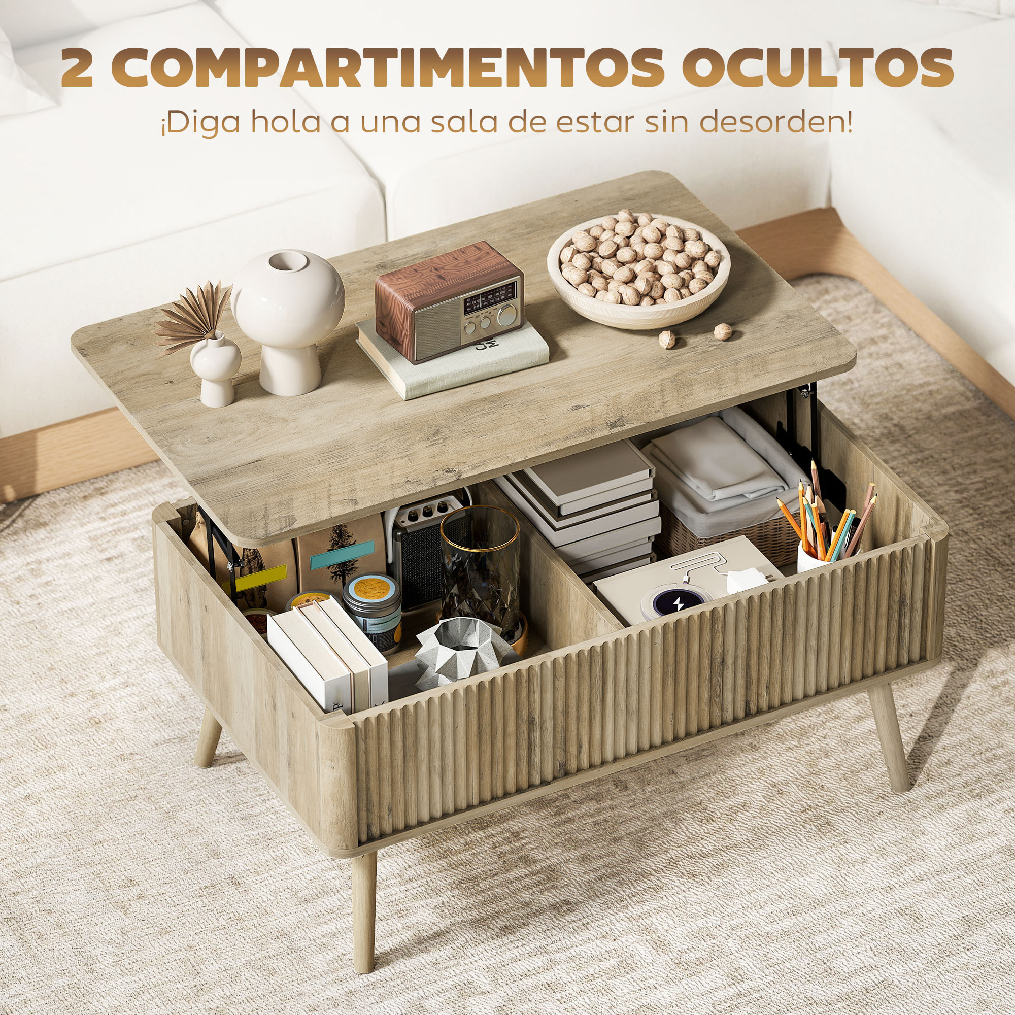Mesa de Centro Elevable, Mesa de Café para Salón, Comedor, con Compartimentos Ocultos de Almacenaje y Patas de Pino, 91x56-80,5x43-57,5 cm, Roble