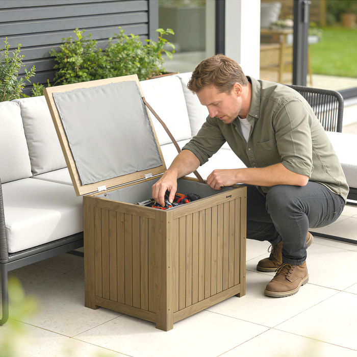 Arcón Exterior de Madera, 130L, Baúl Almacenaje Exterior con Forro, Tapa con Bisagras y Correa, Impermeable, Resistente a la Intemperie, para Jardín, Terraza, Patio, 63x51x58,5 cm, Marrón