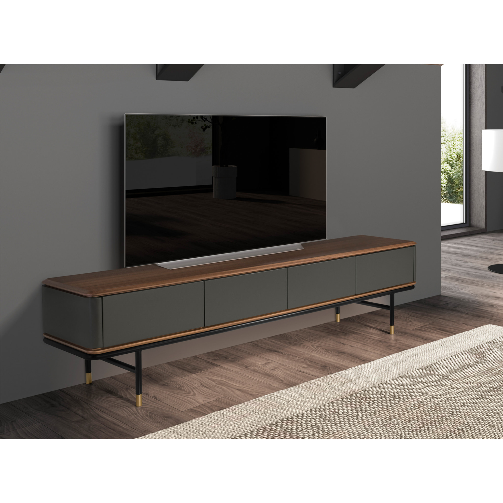 Mueble TV de madera de MDF en gris oscuro mate y patas de acero inoxidable en negro tapa de madera chapada en nogal 200x45x50cm