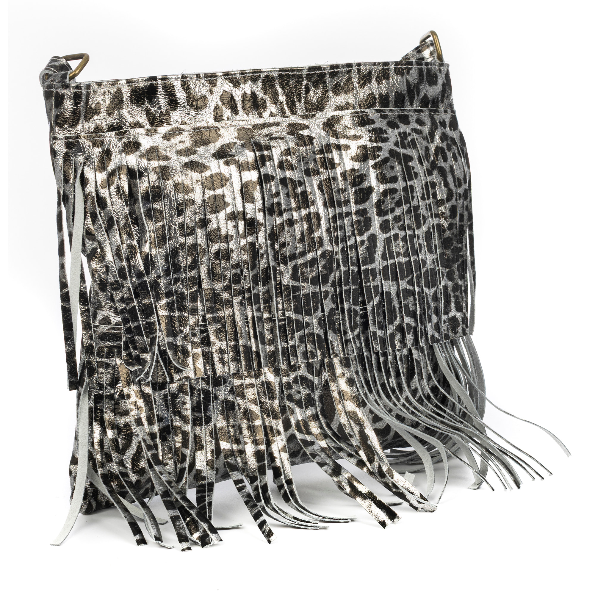 Avise borsa a tracolla con frange donna. Vera pelle scamosciata con stampa animalier leopardata lucida.
