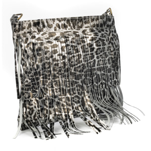 Avise borsa a tracolla con frange donna. Vera pelle scamosciata con stampa animalier leopardata lucida.