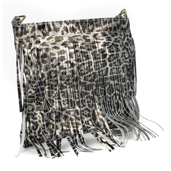 Avise borsa a tracolla con frange donna. Vera pelle scamosciata con stampa animalier leopardata lucida.