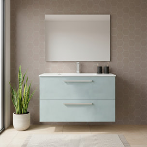 Mobile Mobiletto Bagno Sospeso Con 2 Cassettoni Soft Close Con Lavandino Lavabo In Ceramica E Specchio 57 x 80 x 45 Cm Colore Cemento Laccato