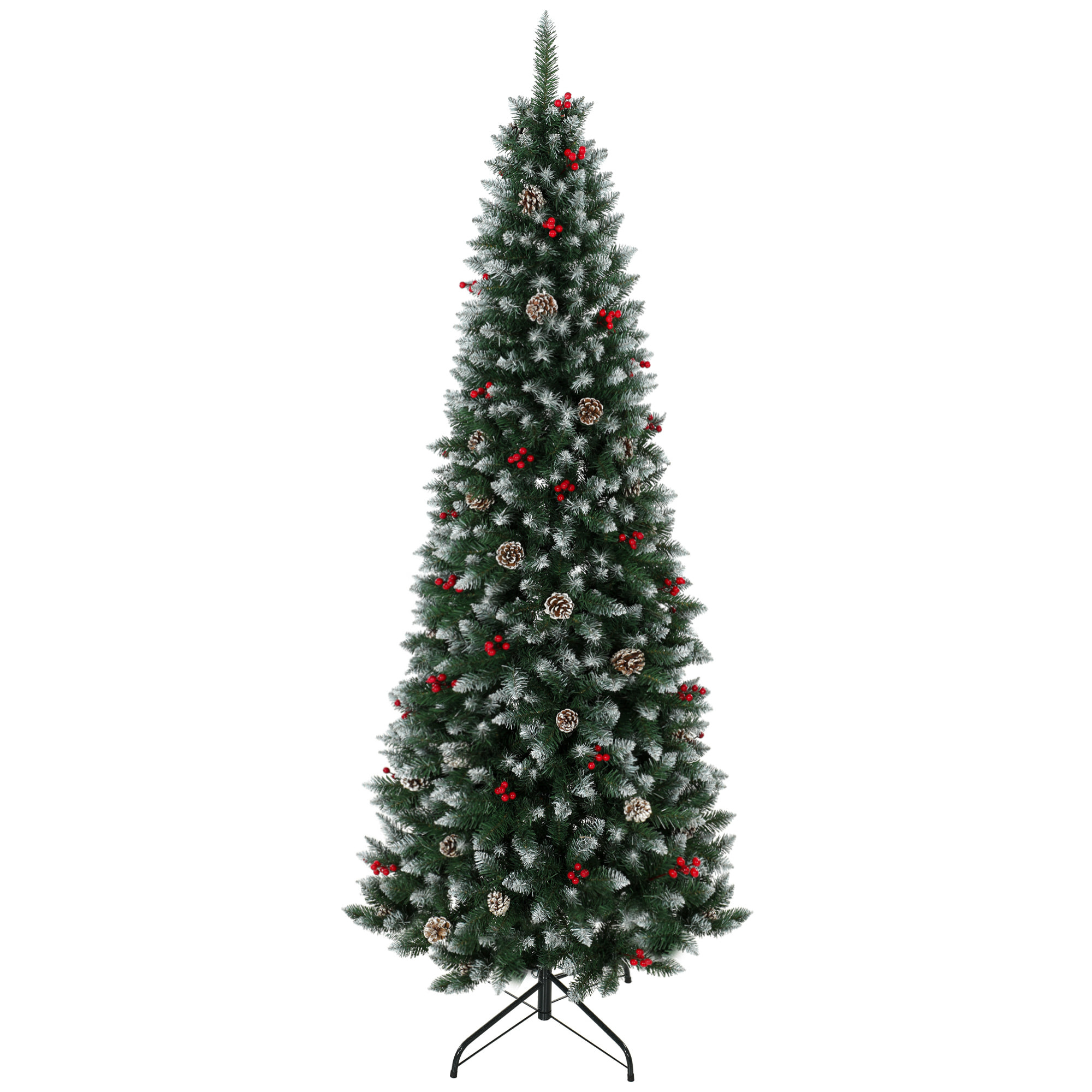 HOMCOM Árbol de Navidad Lápiz 210 cm, Árbol de Navidad Artificial Nevado con 818 Ramas, Bayas Rojas, Piñas, Base Metálica Plegable, Apertura Automática, Decoración Navideña para Salón, Interior, Verde