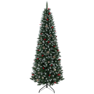 HOMCOM Árbol de Navidad Lápiz 210 cm, Árbol de Navidad Artificial Nevado con 818 Ramas, Bayas Rojas, Piñas, Base Metálica Plegable, Apertura Automática, Decoración Navideña para Salón, Interior, Verde