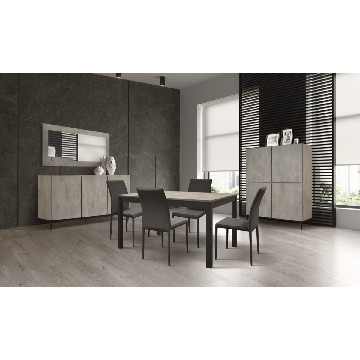 Tavolo TROPEA in legno, finitura grigio cemento e metallo verniciato antracite, allungabile 140x80 cm - 190x80 cm