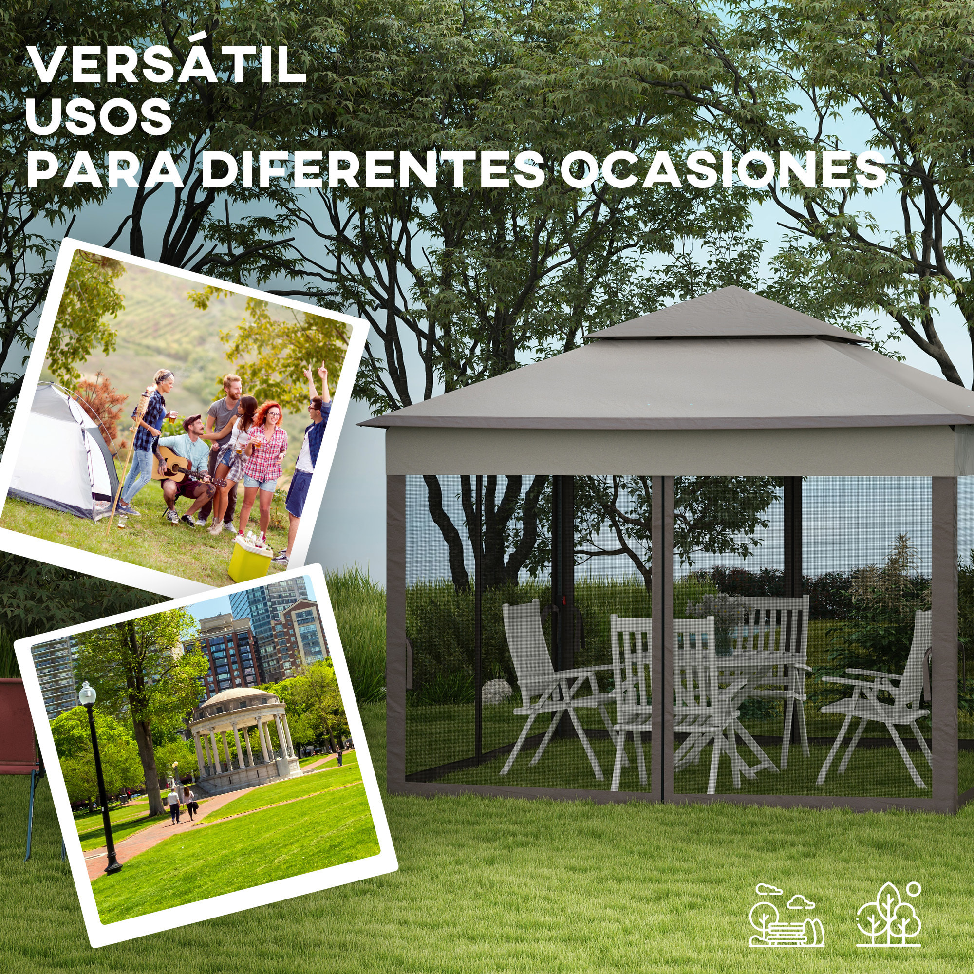 Carpa Plegable Gazebo 3,3x3,3 m Cenador Plegable con 4 Paredes Laterales de Malla Anti-UV y Bolsa de Transporte para Camping Fiestas Gris