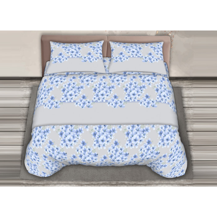Completo Lenzuola 100% Cotone Effetto Seta Fiorellino Azzurro CN