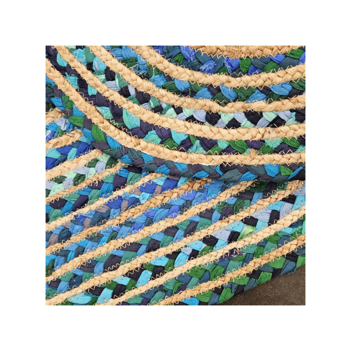 Tapis en jute tressée ovale bleu vert artisanat indien 90cm - SINNAR