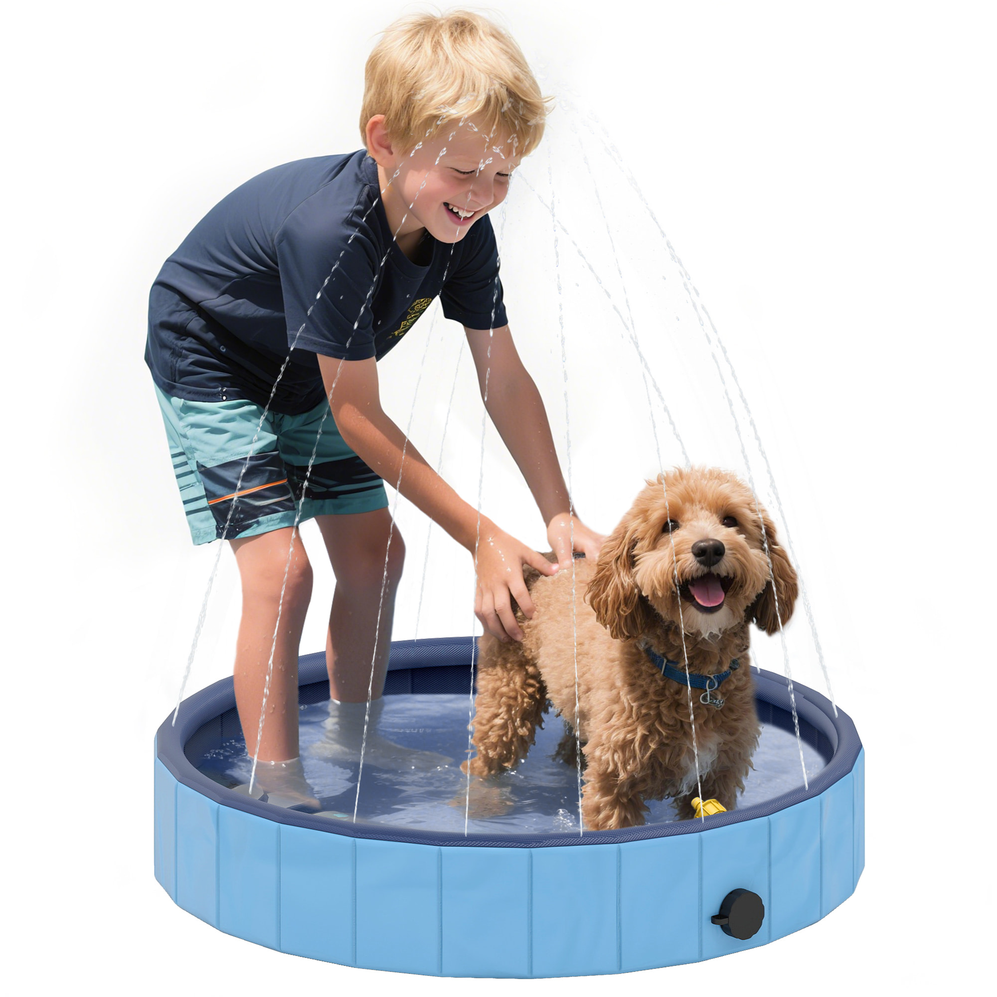 Piscina para Perros Plegable con Aspersor Bañera Portátil para Mascotas Pequeños de PVC Antideslizante y Resistente al Desgaste para Interiores y Exteriores Ø80x20 cm Azul Claro