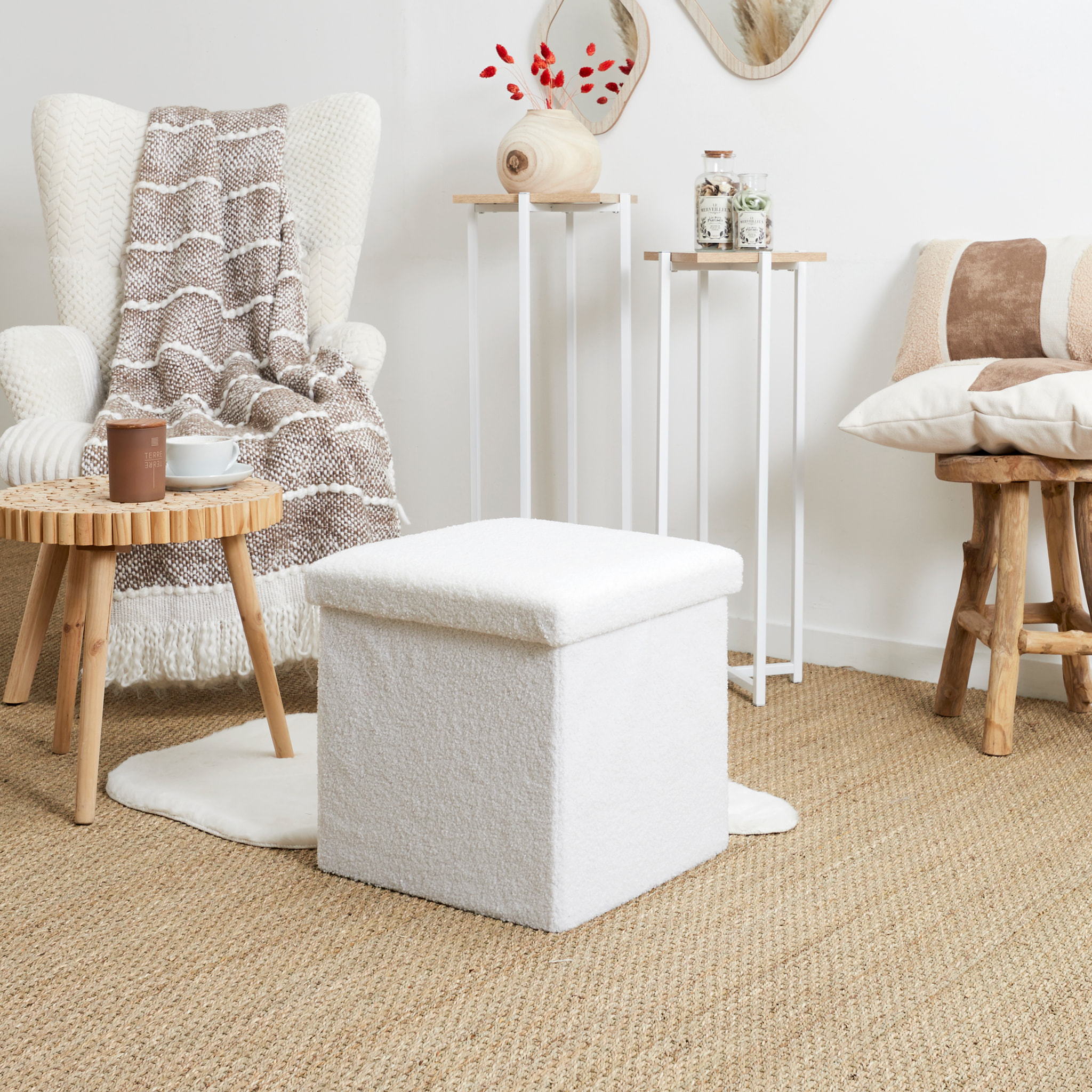 Coffre Pouf Pliable Bouclette Blanc - Lot de 4