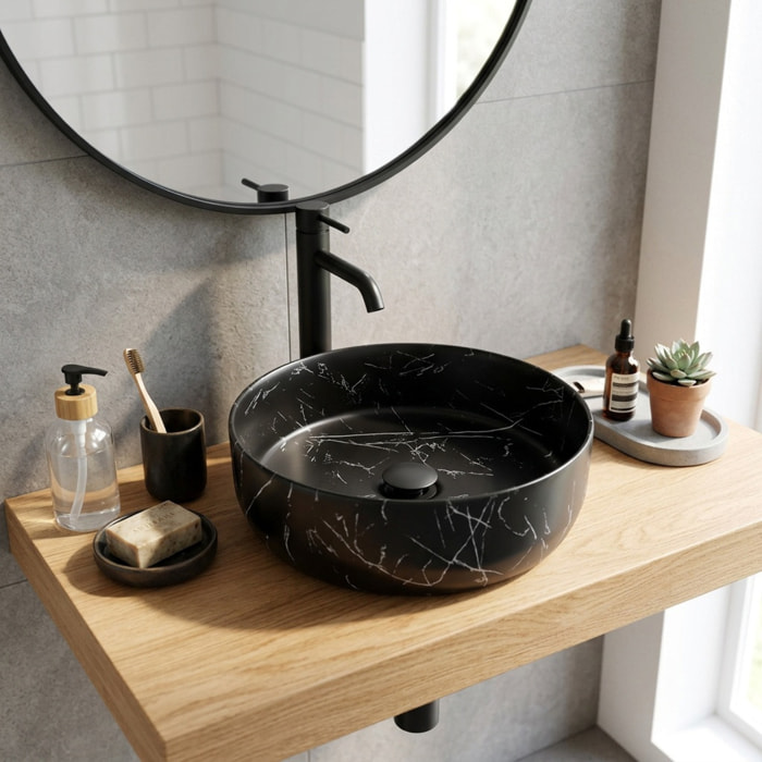 Vasque à poser ronde en céramique diamètre 39 cm - effet marbre noir mat - sans trop-plein - SAT Infinitio