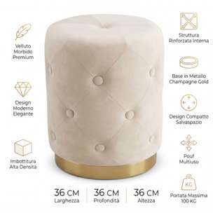 Pouf contenitore rotondo in velluto con base oro Ø37x47 cm, sgabello imbottito con vano portaoggetti, seduta elegante design moderno per salotto camera da letto ingresso cabina armadio e angolo trucco, portata fino a 100 kg