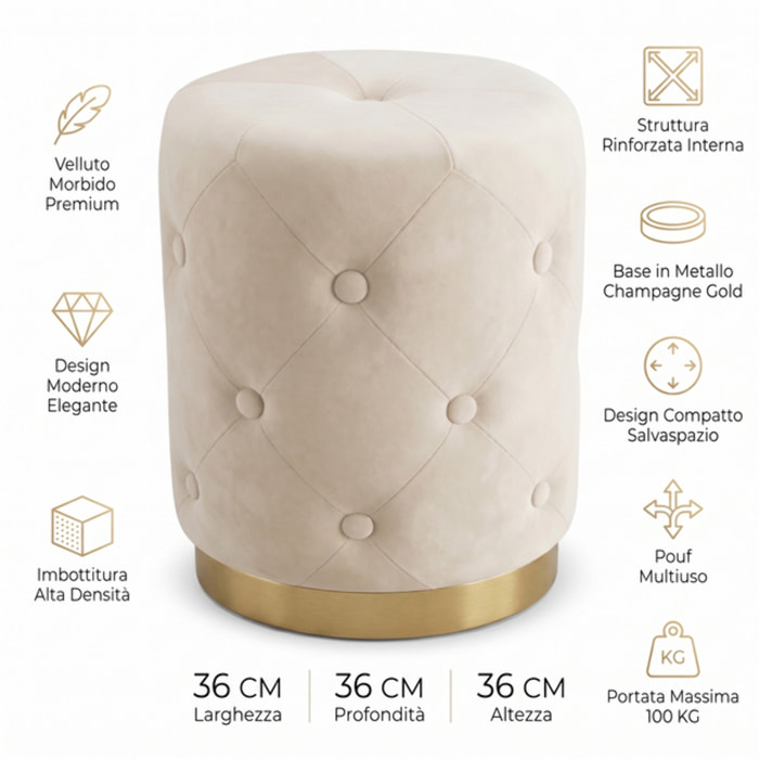 Pouf contenitore rotondo in velluto con base oro Ø37x47 cm, sgabello imbottito con vano portaoggetti, seduta elegante design moderno per salotto camera da letto ingresso cabina armadio e angolo trucco, portata fino a 100 kg