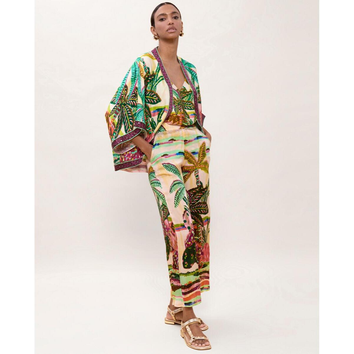 Kimono con stampa di palme multicolori