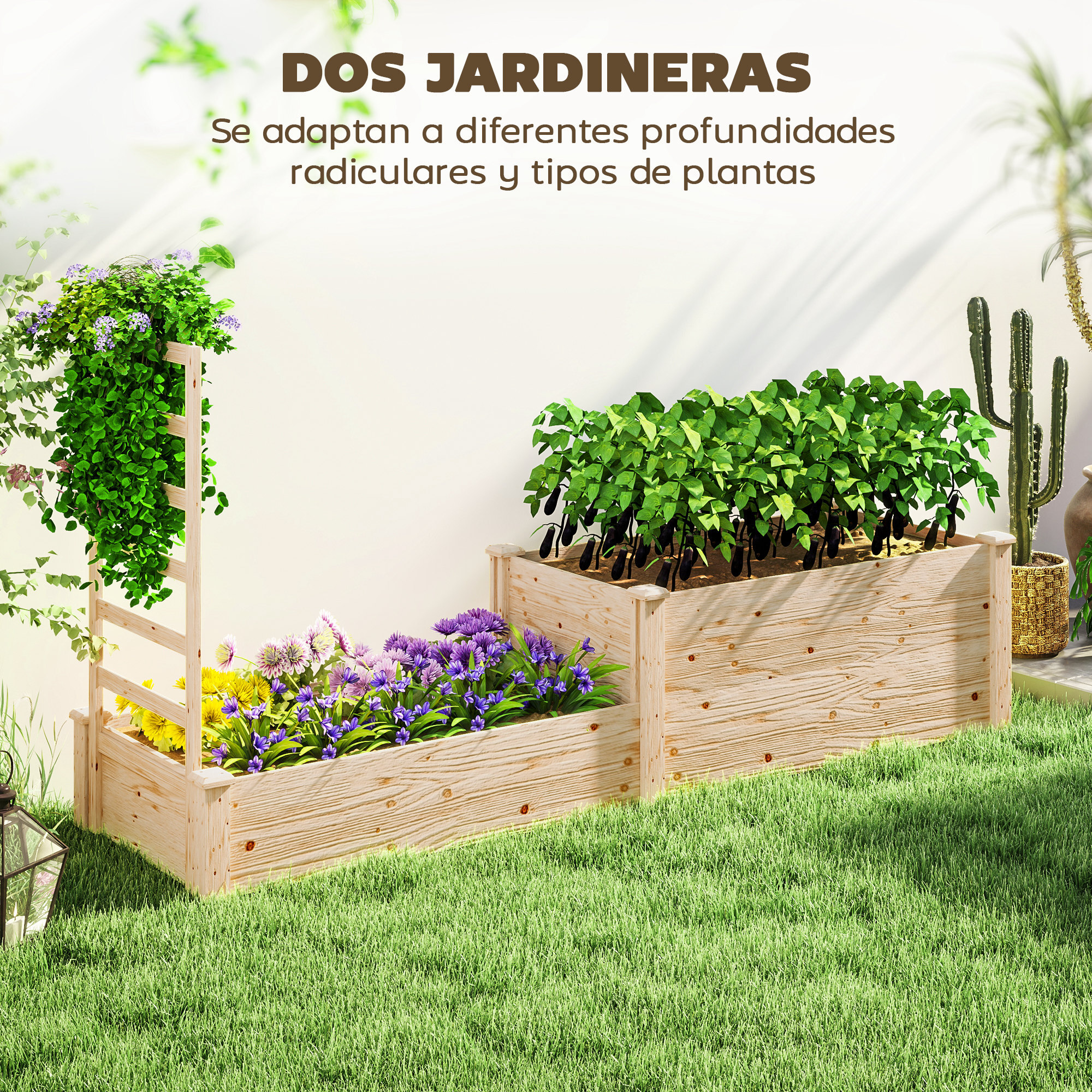 Jardinera Exterior Grande de Madera Jardinera Elevada con Celosía para Plantas Trepadoras y 2 Cajas de Cultivo para Jardín Patio Terraza 222x63x132 cm Natural