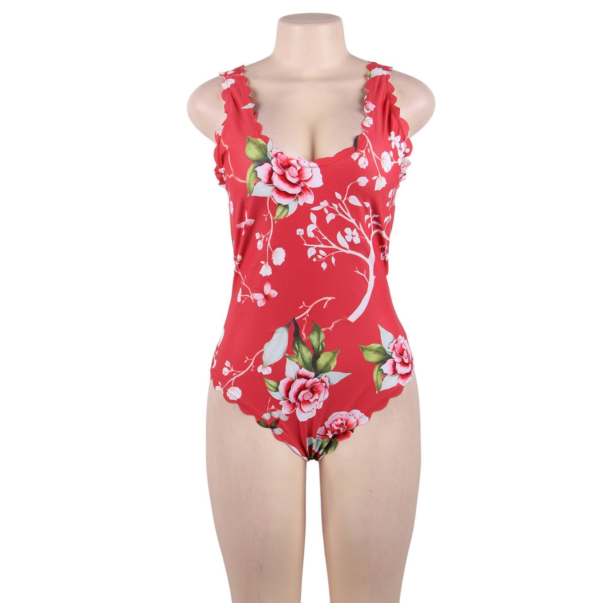 Traje de baño rojo de una pieza para mujer diseño flores