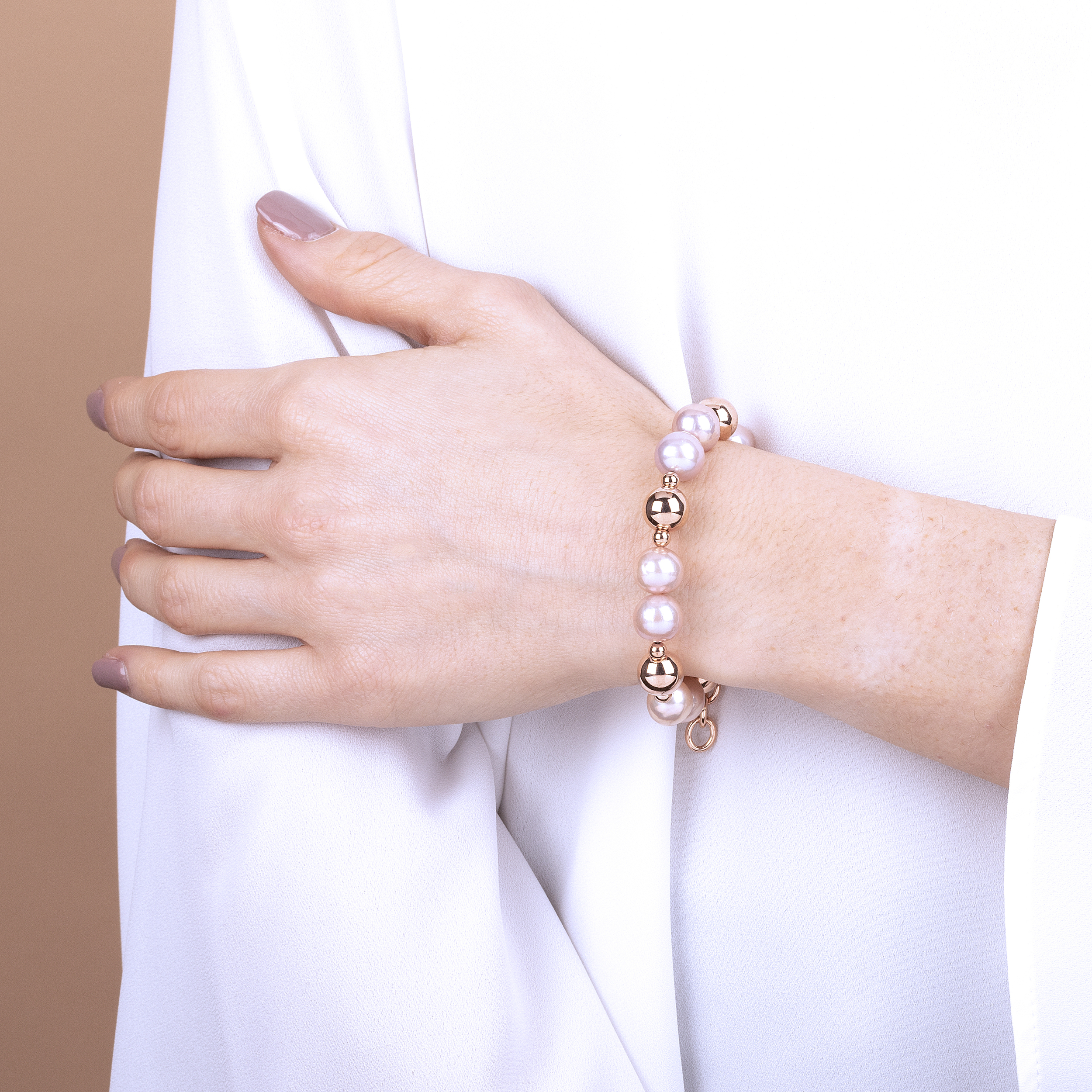 Bracciale con Sfere Lucide e Perle Ming d'Acqua Dolce Rosa