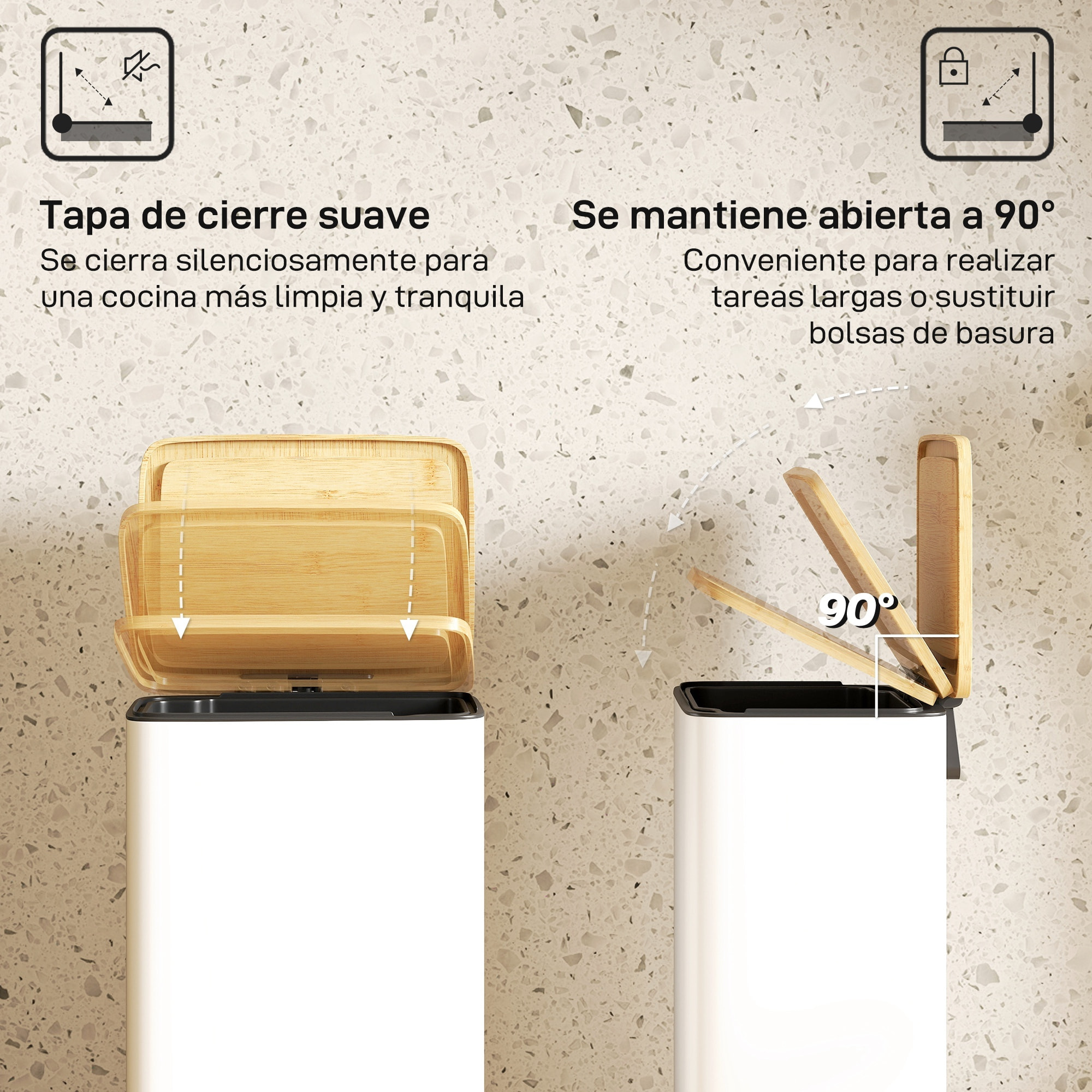 Cubo de Basura Cocina con Pedal, 20L, Tapa de Bambú de Cierre Suave, Papelera de Cocina con Cubo Interior Extraíble, Anti-Huellas, para Dormitorio, Salón, 29,5x29,5x56,8 cm, Blanco y Natural