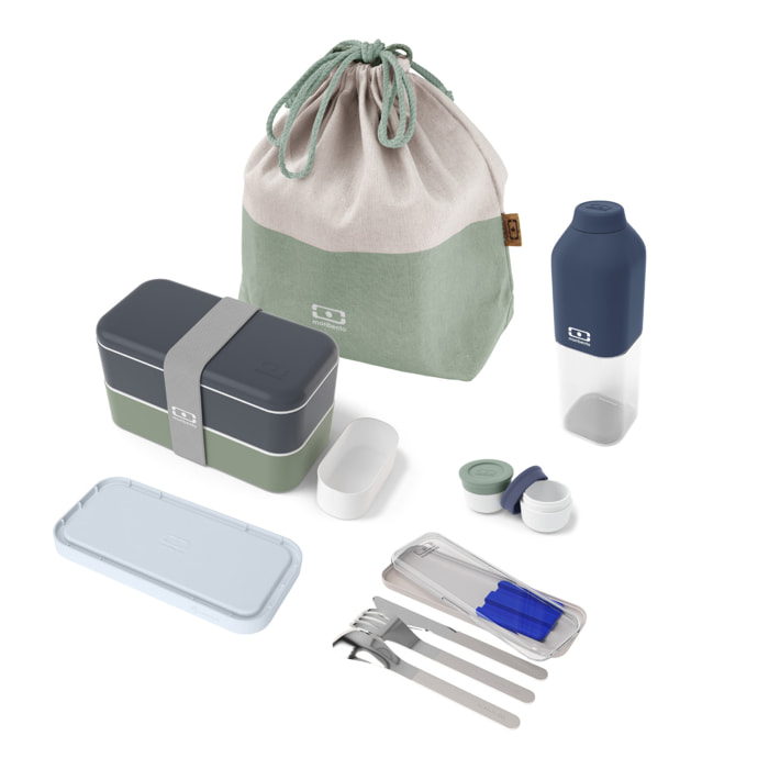 Set repas complet lunch box 2 étages 1L bleu/vert + accessoires