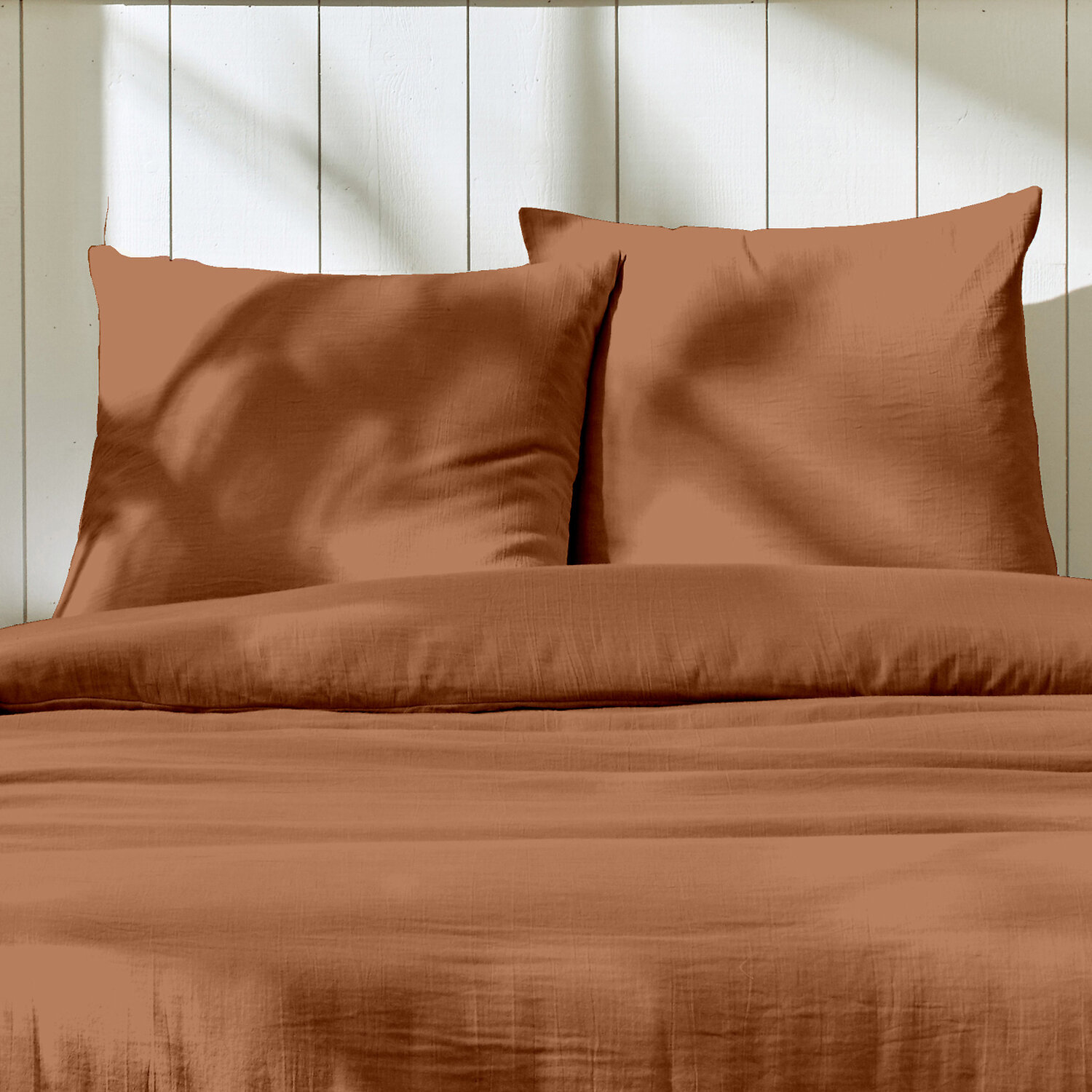 Parure housse de couette 3pcs unie 100% gaze de coton - terre cuite