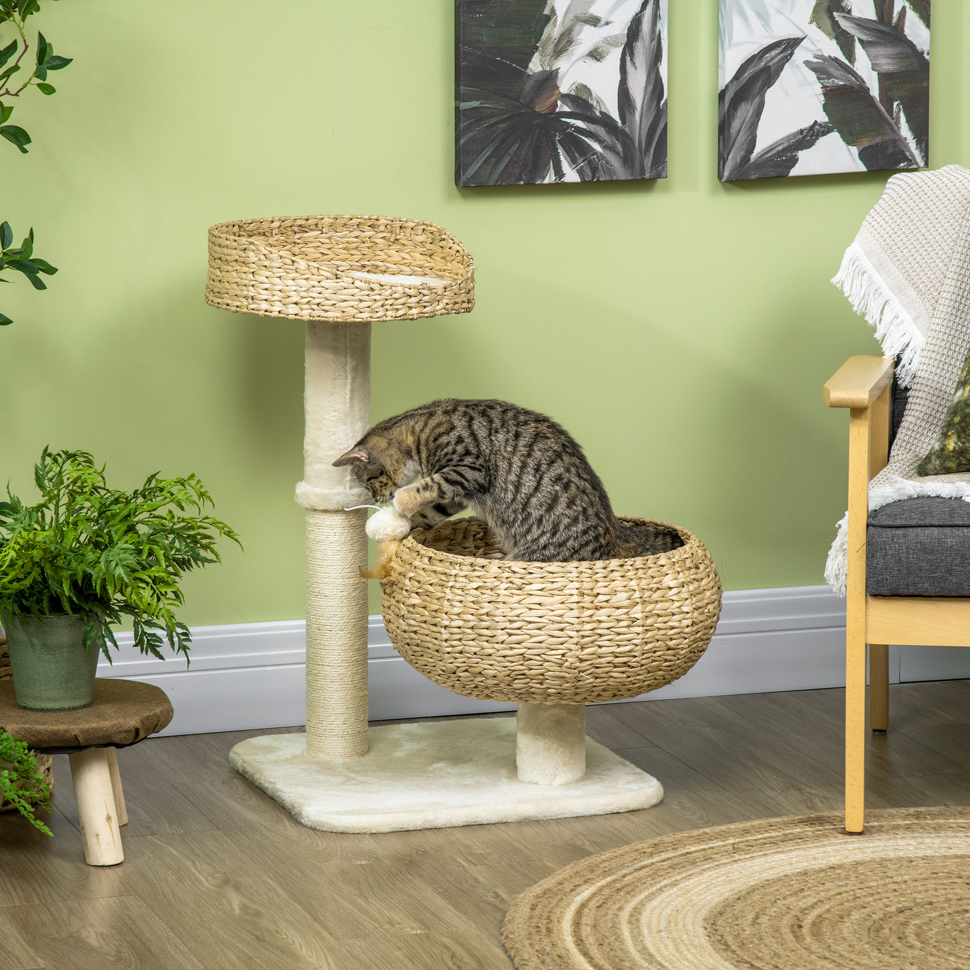 Arbre à chat griffoir 2 niveaux hauteur 72 cm poteau sisal avec niche et plate-forme 1 balle suspendue beige