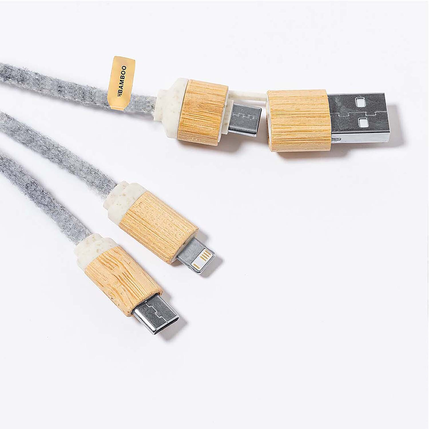 Cable triple cargador nature bambú:Micro USB, Tipo C y Lightning 5V DC 2.4A