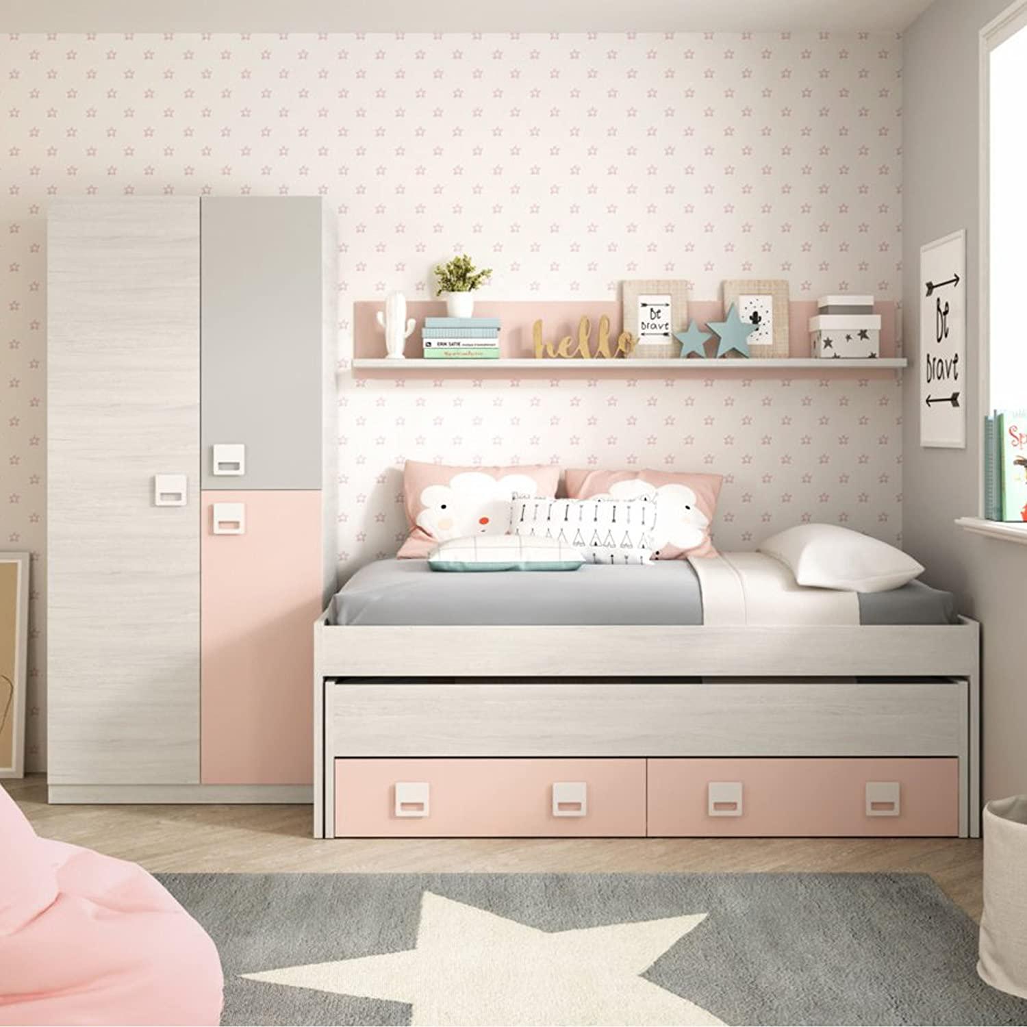 Letto singolo Fairfield, Struttura letto per cameretta, Letto singolo con  lettino estraibile e 2 cassetti e mensola, 199x96h65 cm, Bianco e Rosa, con  imballo rinforzato