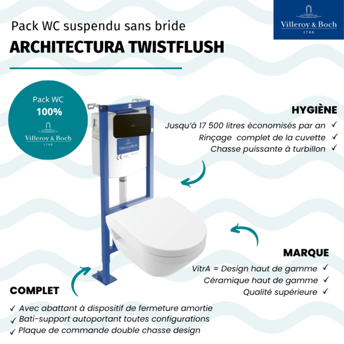 Pack WC suspendu sans bride Villeroy & Boch Architectura Twistflush [e³] rond + bâti-support ViConnect + plaque noir