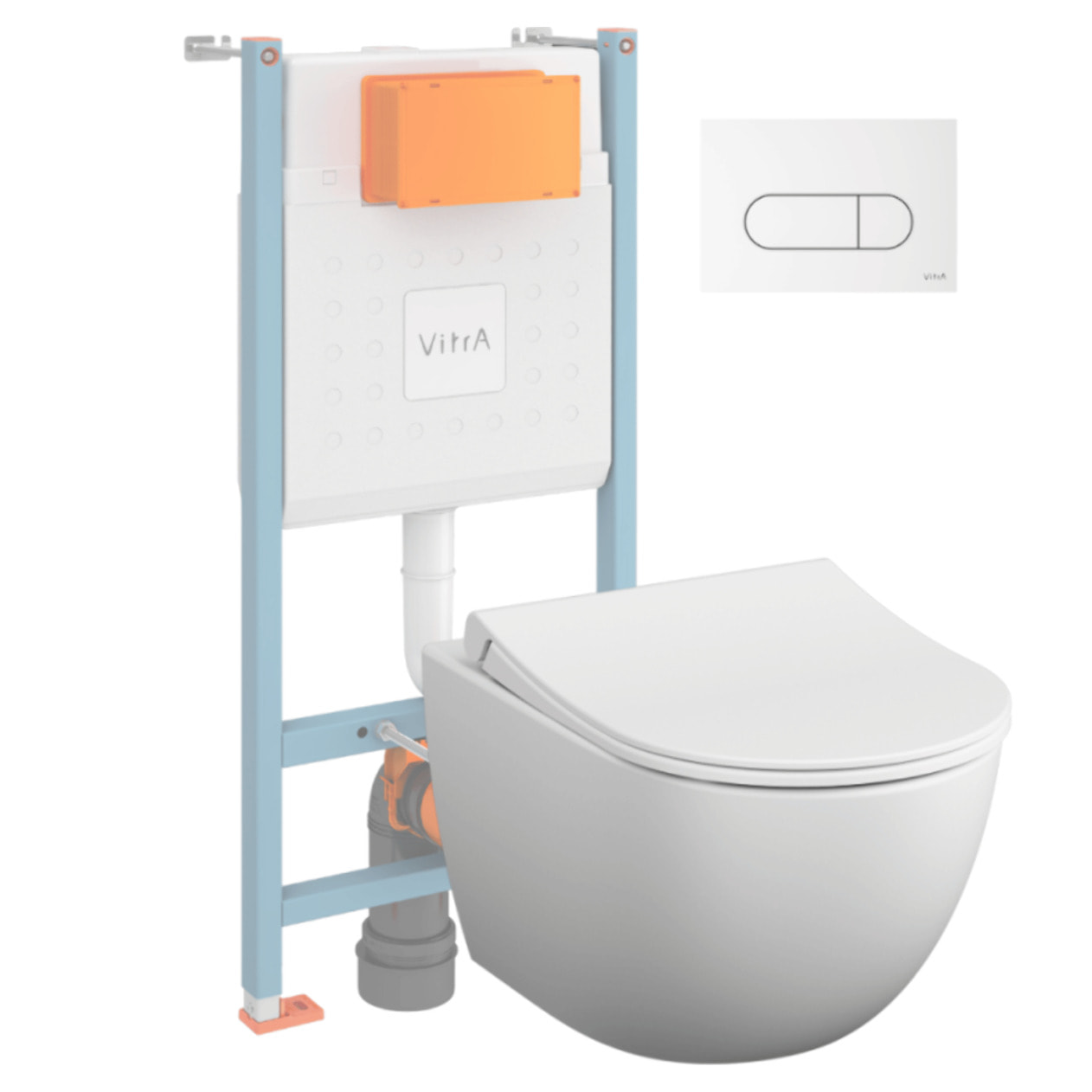 Pack WC suspendu VITRA Sento blanc + bâti autoportant V-Fix Core + Plaque Round Blanche