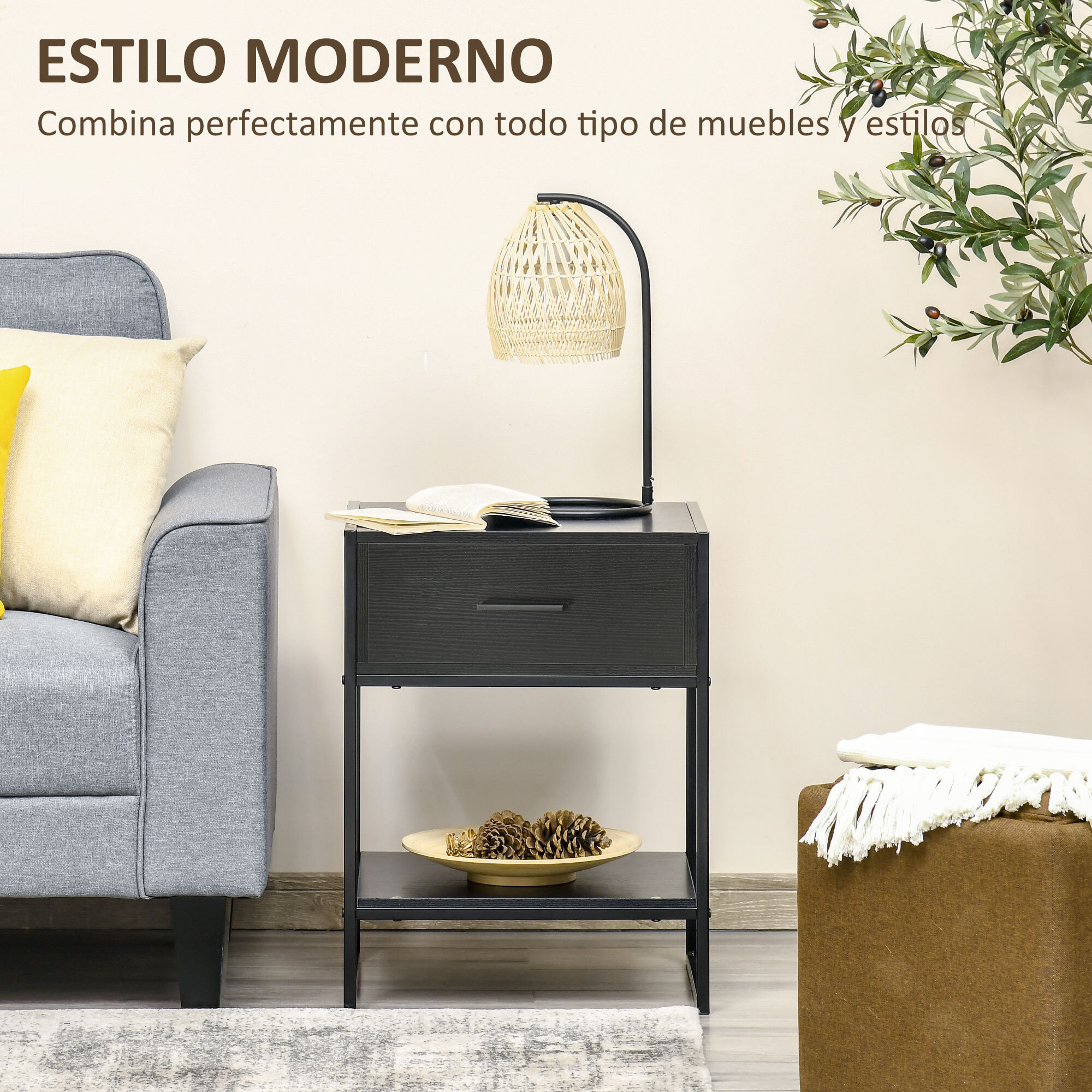 Mesita de Noche Mesa Auxiliar con Cajón y Estante de Almacenamiento para Dormitorio Salón Cama Oficina Estilo Moderno 45x40x60 cm Negro