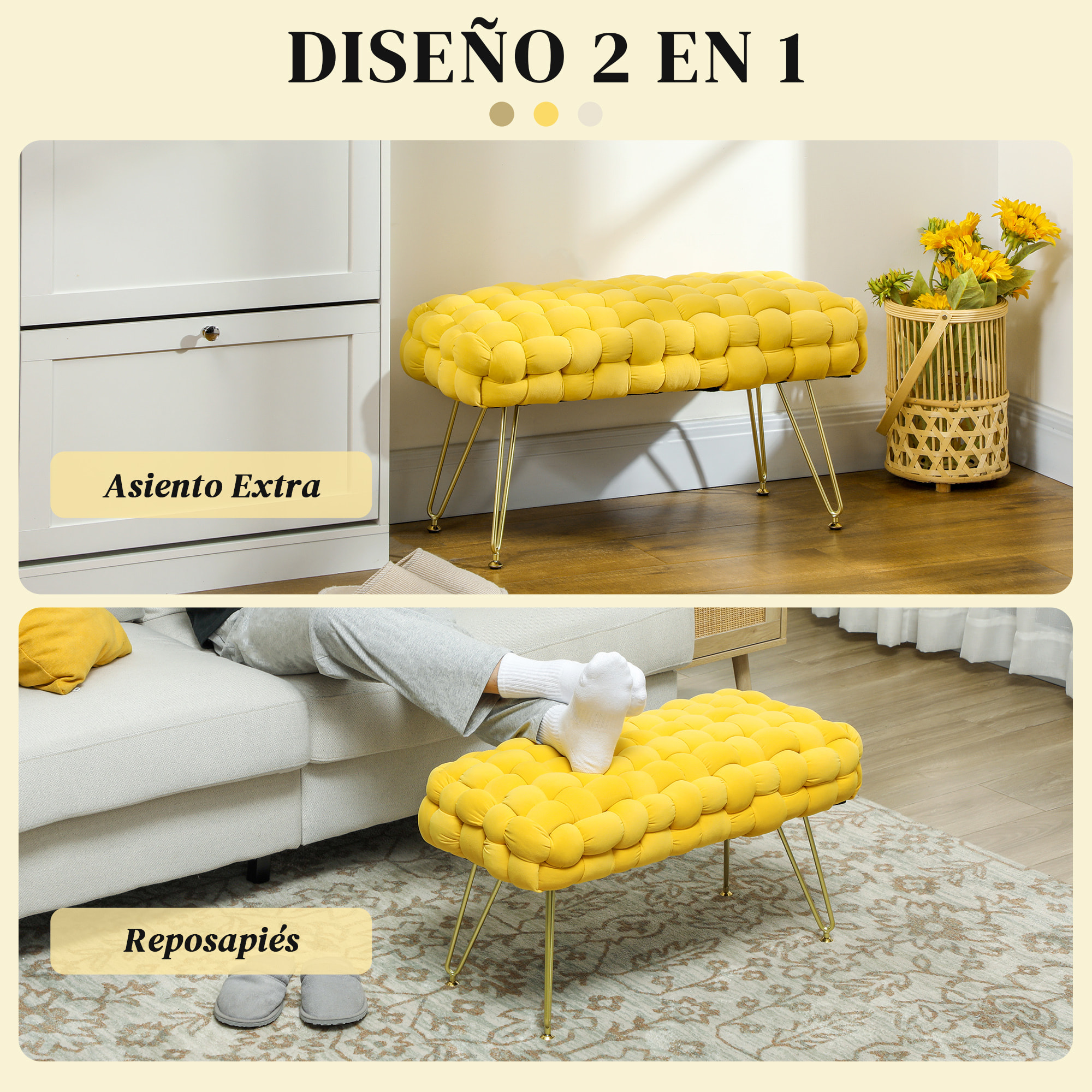 Banco Pie de Cama Tapizado en Terciopelo Banco Otomano Pie de Cama con Patas Doradas y Asiento Acolchado para Dormitorio Entradas Amarillo