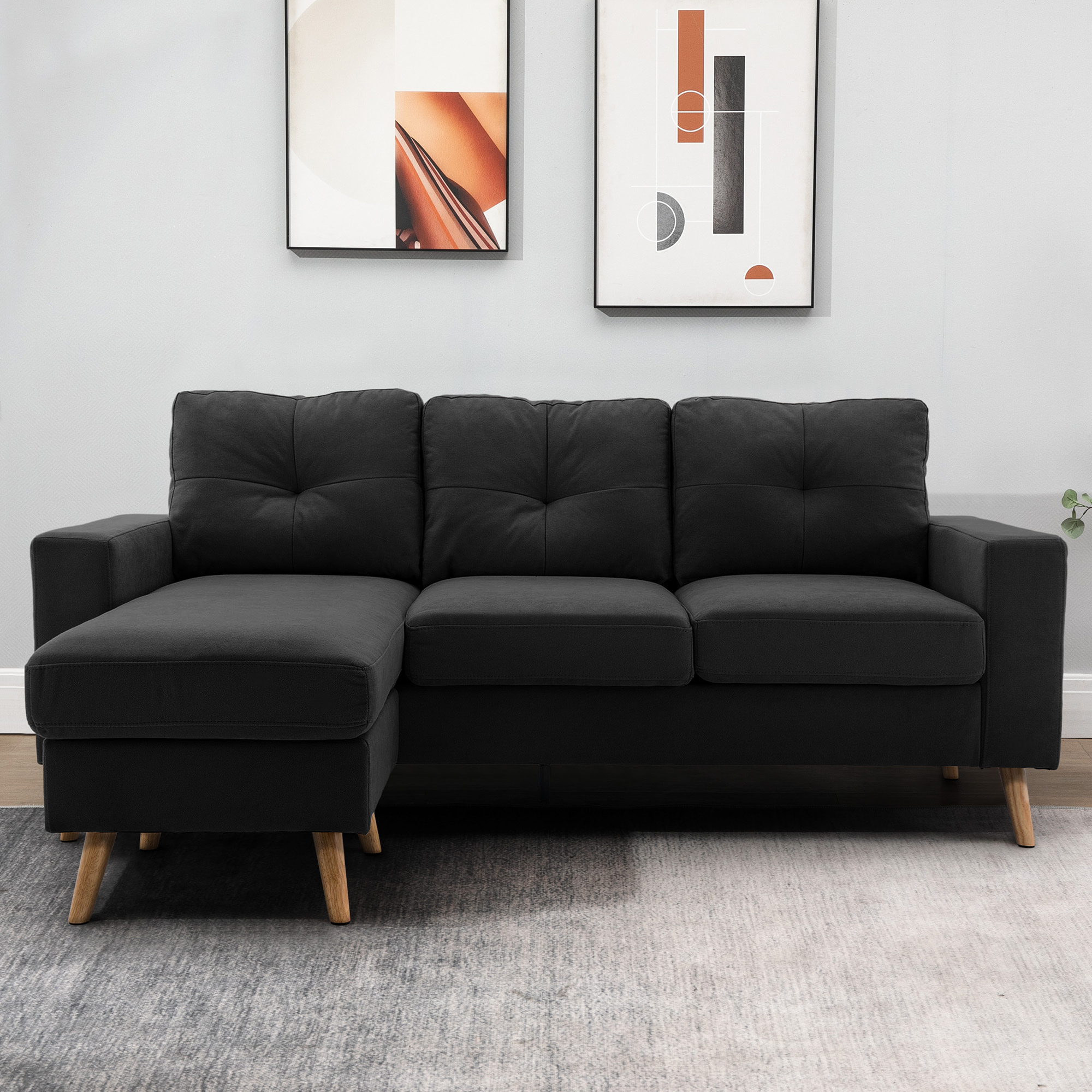 Canapé d'angle 3 places design scandinave - dossier effet capitonné, repose-pied amovible - piètement bois tissu noir