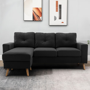Canapé d'angle 3 places design scandinave - dossier effet capitonné, repose-pied amovible - piètement bois tissu noir
