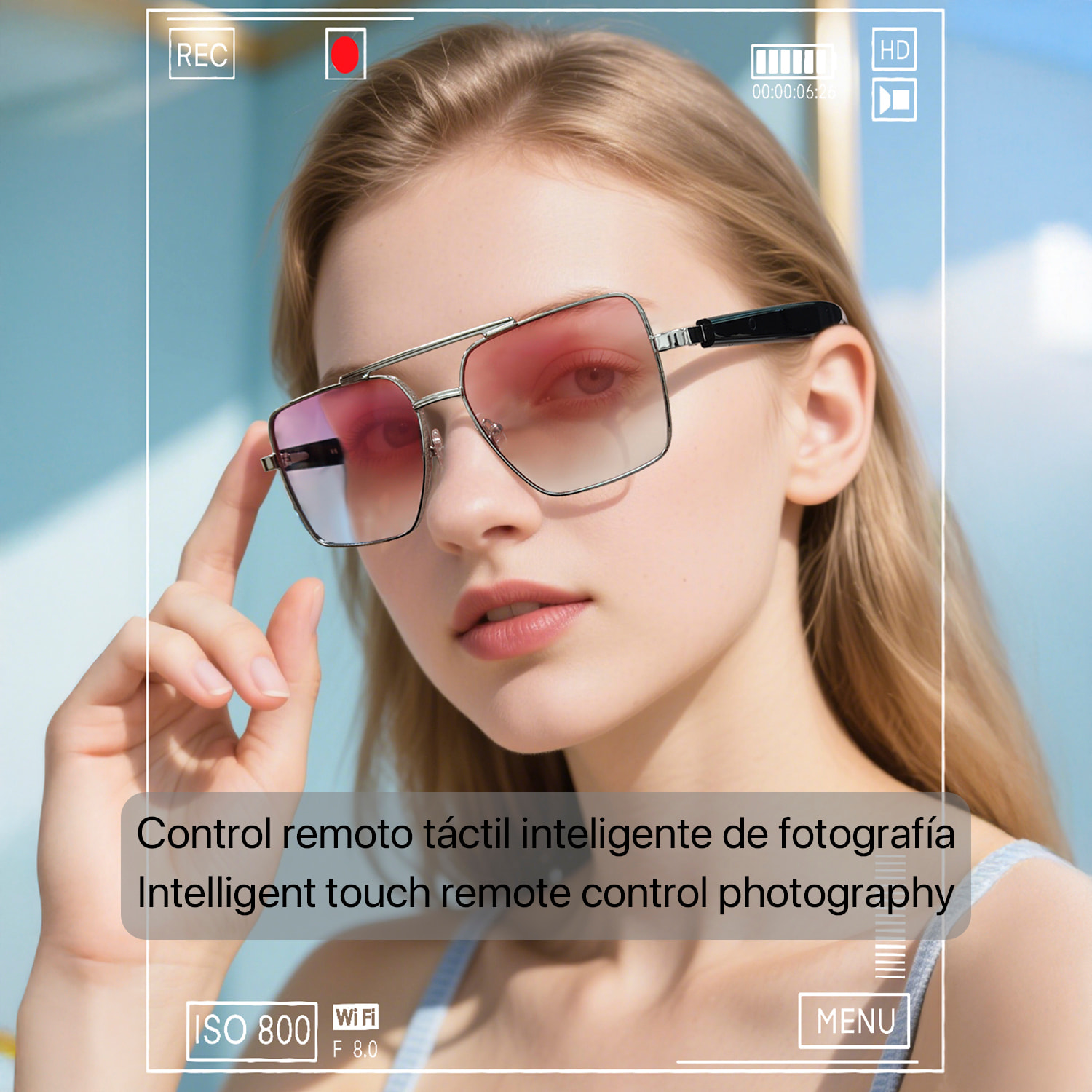 Occhiali AI GT-30 con chiamate bluetooth, controllo remoto della fotocamera, riproduzione musicale e assistente vocale.