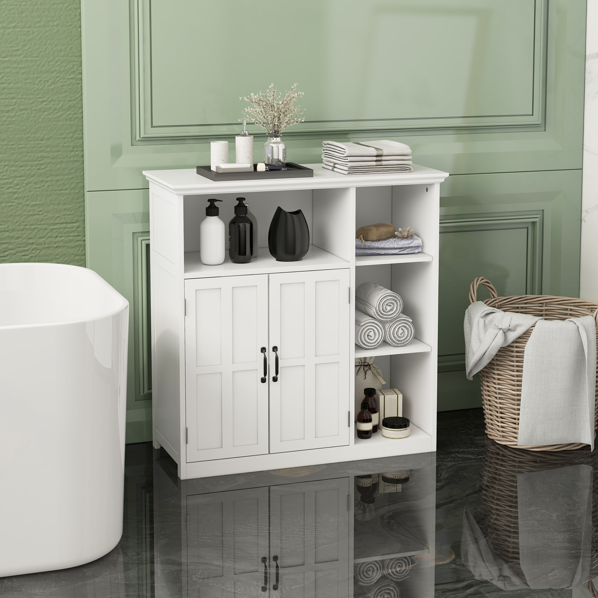 Meuble salle de bain - meuble bas 2 portes étagère tiroir 3 niches - 80x34x81cm - blanc noir
