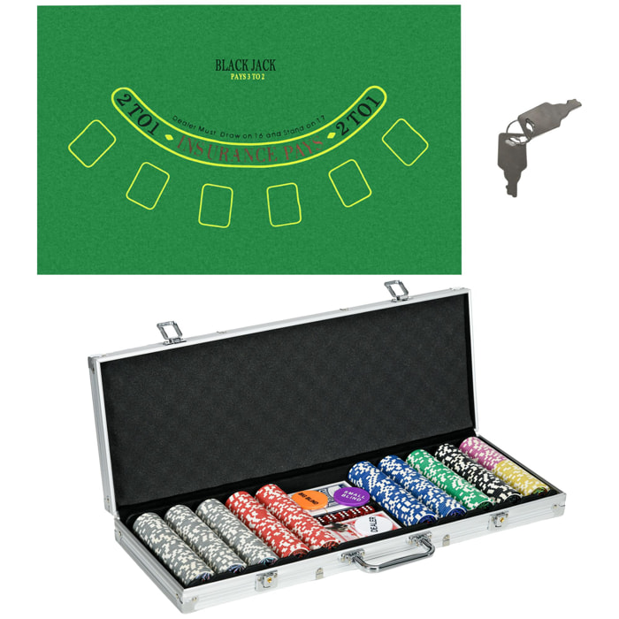 Mallette pro de poker verrouillable coffret pro poker 500 jetons 2 jeux cartes 5 dés 3 boutons 2 clés tapis alu