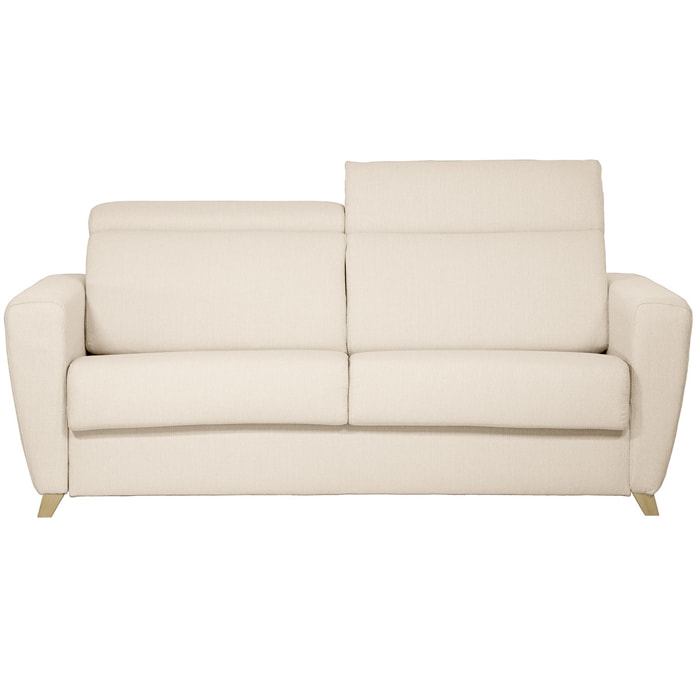 Canapé convertible avec têtières ajustables 3 places en tissu beige et bois clair avec matelas 13 cm GOYA