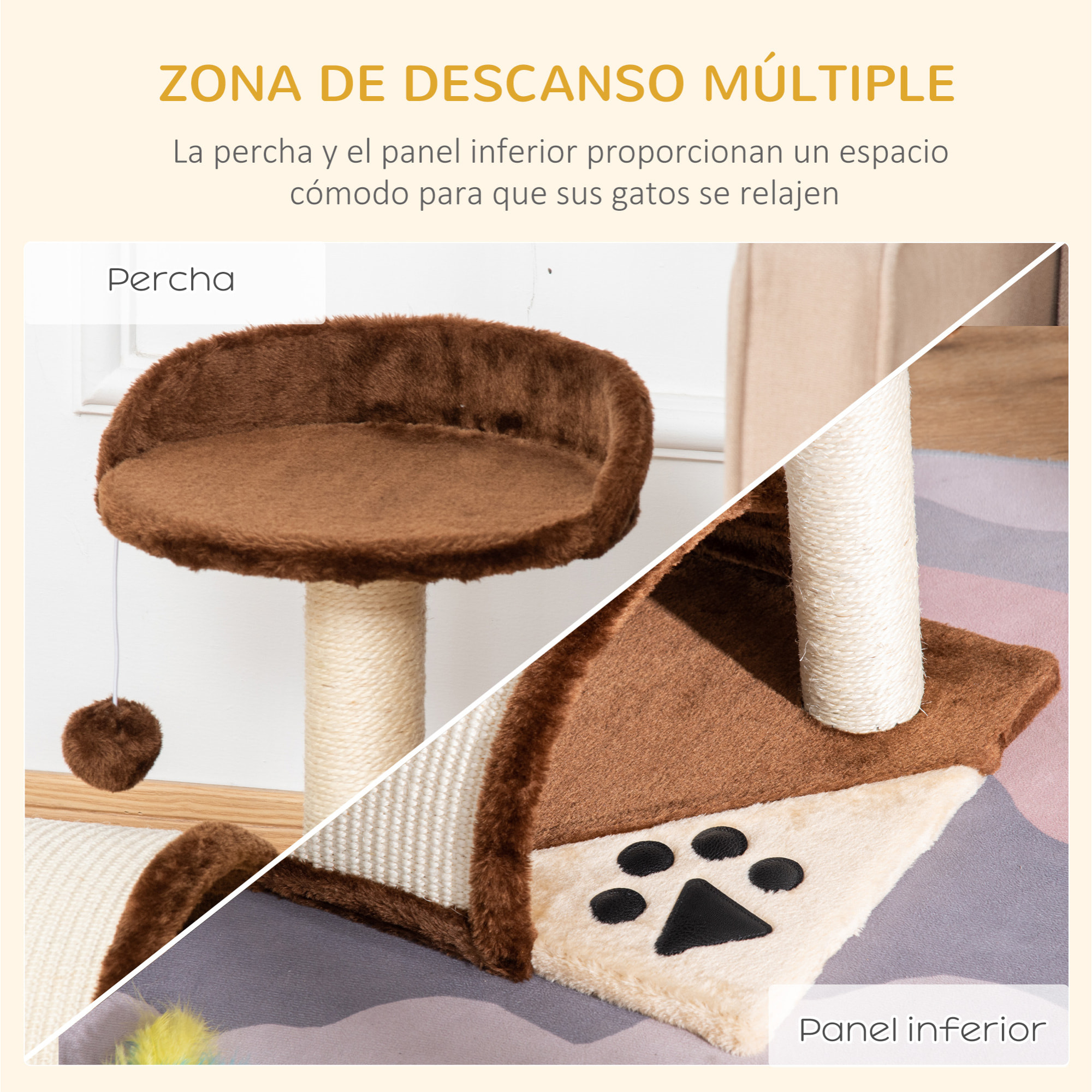 Árbol Rascador para Gatos Pequeño Altura 40 cm de 2 Niveles con Poste Tablero para Rascar Plataformas y Juguete de Bola Colgante 35,5x37x46 cm Marrón