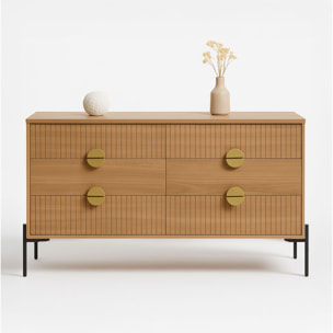 TORINESE Commode 6 tiroirs décor bois rainuré et poignées dorées 124cm