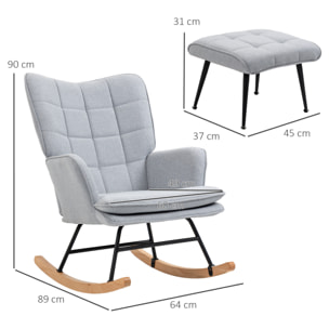Silla Mecedora con Reposapiés, Sillón de Relax, con Cojín Acolchado, Respaldo Alto, Reposabrazos y Patas de Madera, Carga 130 kg, para Salón, Dormitorio, Gris Claro