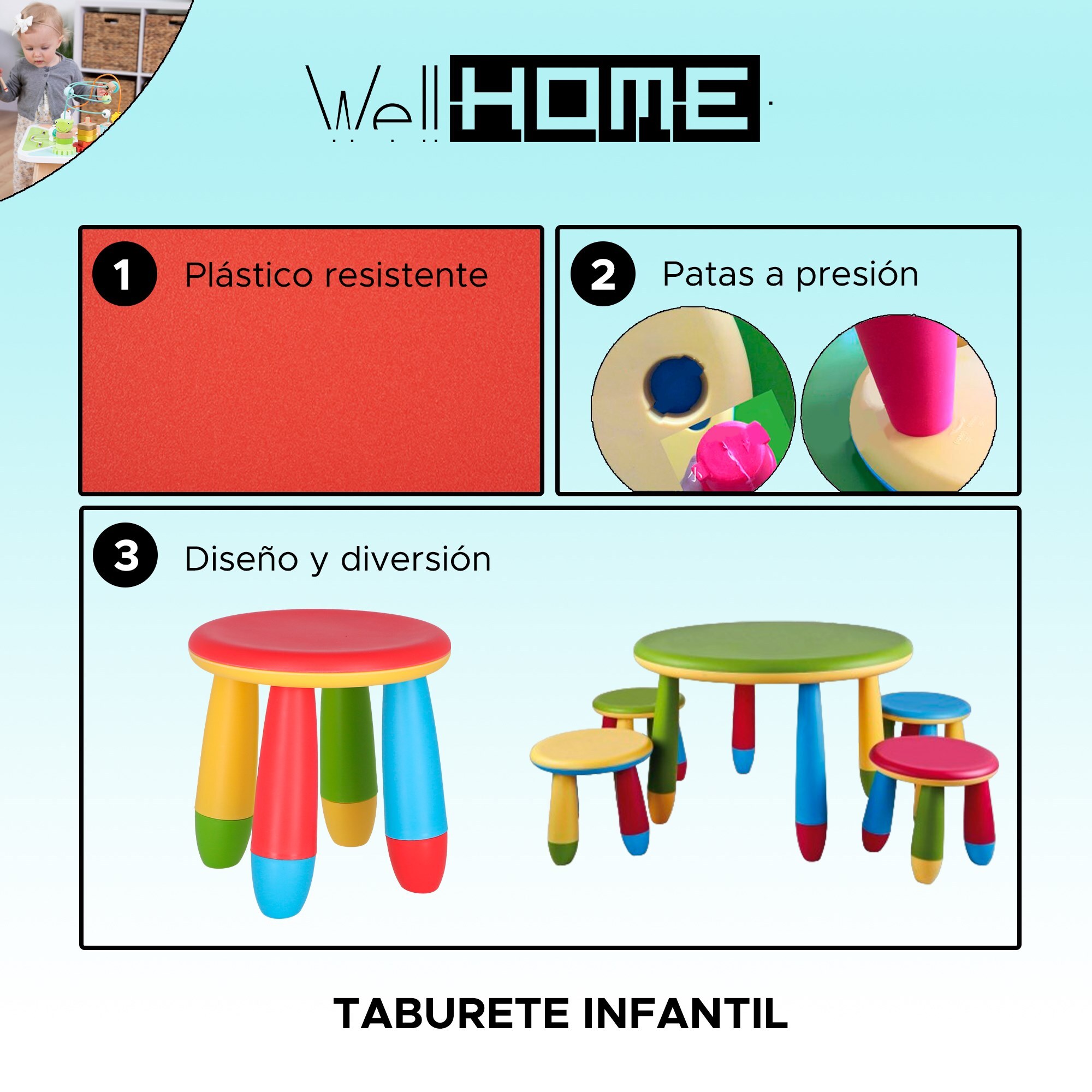 Taburete infantil rojo en plástico fuerte y resistente, diá:30 cm x h:26 cm