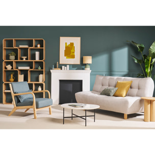 Fauteuil scandinave en tissu vert de gris et bois clair massif DERRY